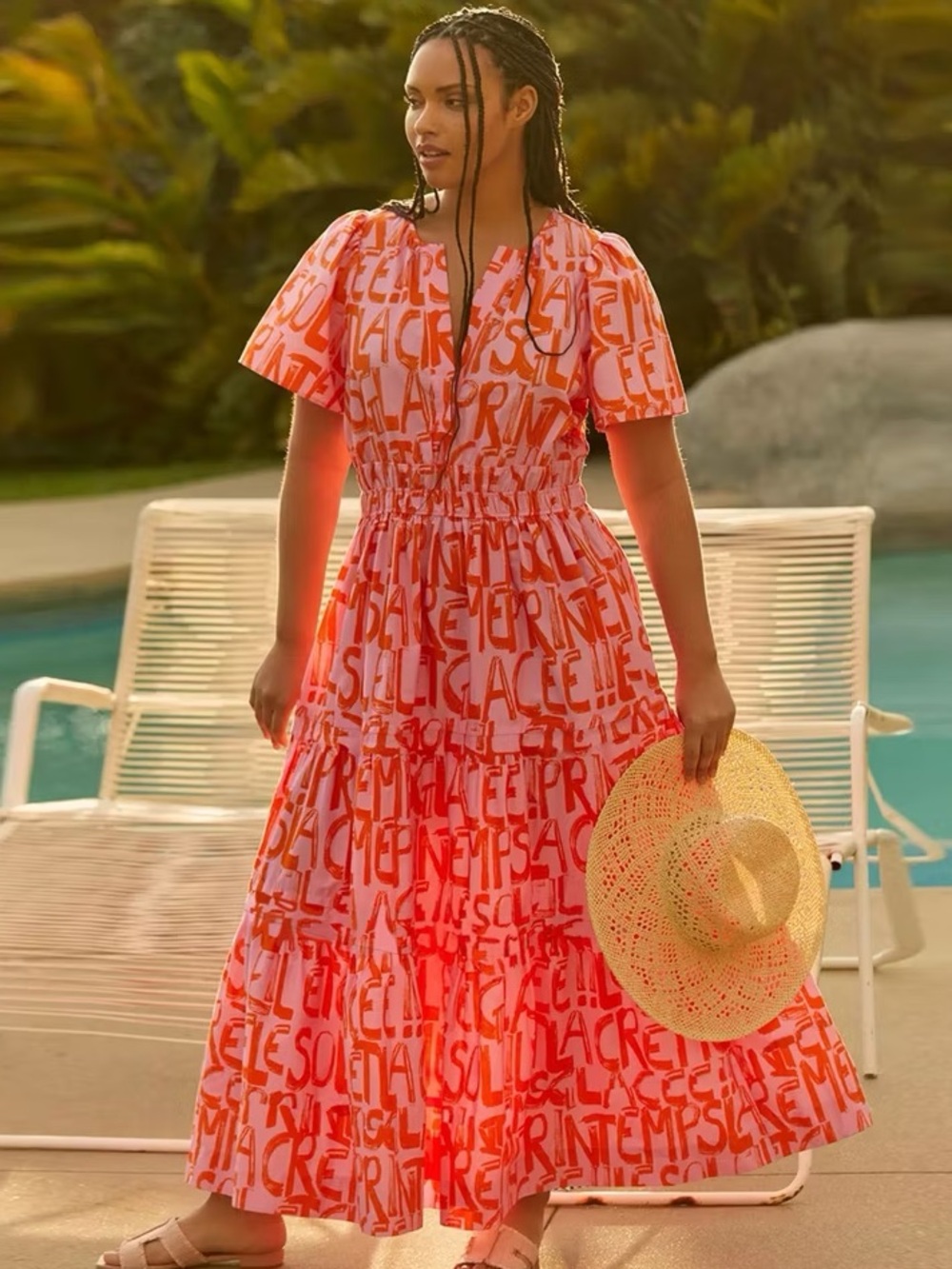 Anthropologie Somerset Maxi Dress French Print Pink Orange Letters Cotton Medium